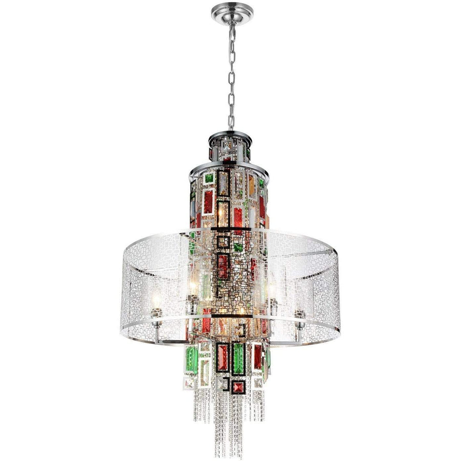 CWI Lighting Chandeliers Chrome / K9 Multicoloured Stained 11 Light Drum Shade Chandelier with Chrome finish by CWI Lighting 5647P24C