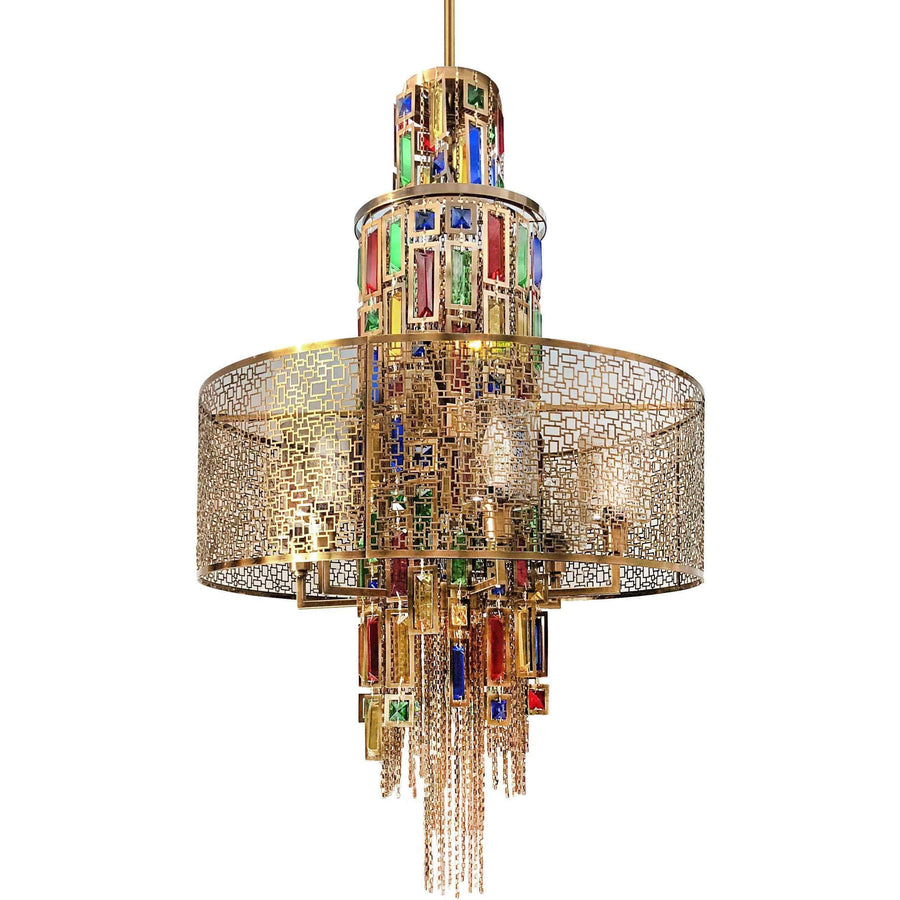CWI Lighting Chandeliers Gold / K9 Multicoloured Stained 11 Light Drum Shade Chandelier with Gold finish by CWI Lighting 5647P24G