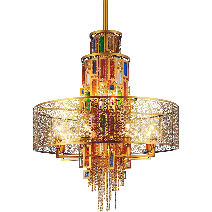 CWI Lighting Chandeliers Gold / K9 Multicoloured Stained 15 Light Drum Shade Chandelier with Gold finish by CWI Lighting 5647P32G