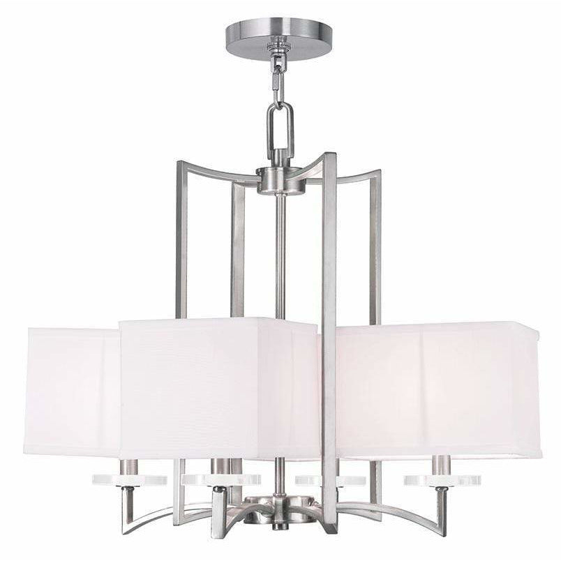 Livex Lighting Chandeliers Brushed Nickel / Hand Crafted Off-White Fabric Hardback Shade Woodland Park  Brushed Nickel Chandelier By Livex Lighting 50705-91